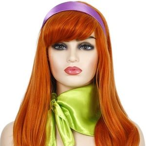 Daphne Long Wavy Ginger Orange Wigs with Bangs,Green Scarf,purple headband